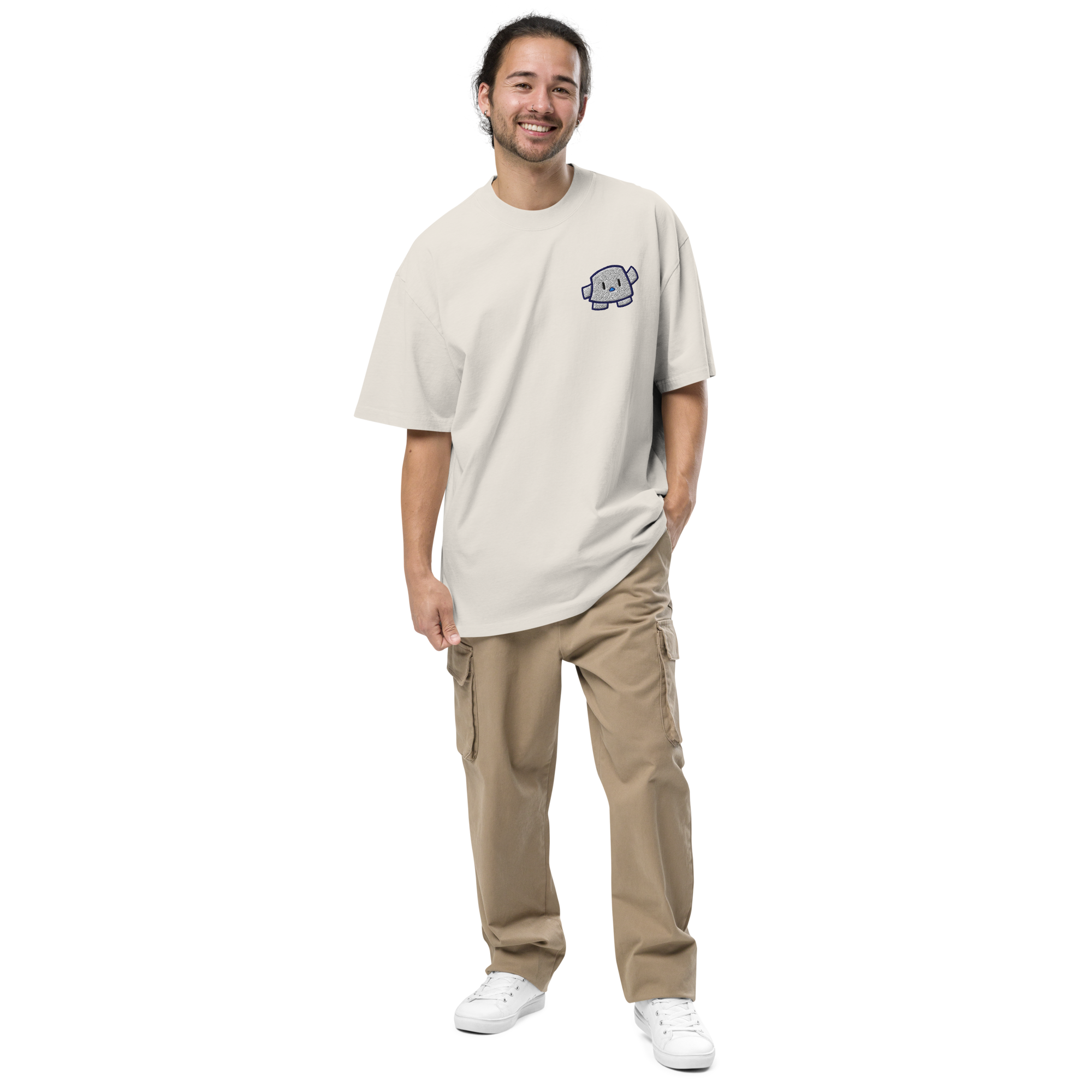 Pengmellow Wave Embroidered Oversized Faded T-Shirt - Unisex